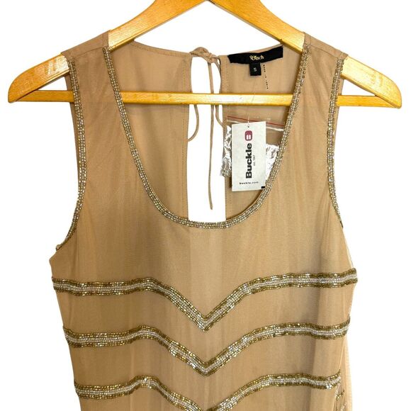 Buckle Sheer Mesh Lined Back Tie Tan Gold Beaded‎ Tank Top Size Small NWT - Picture 5 of 15